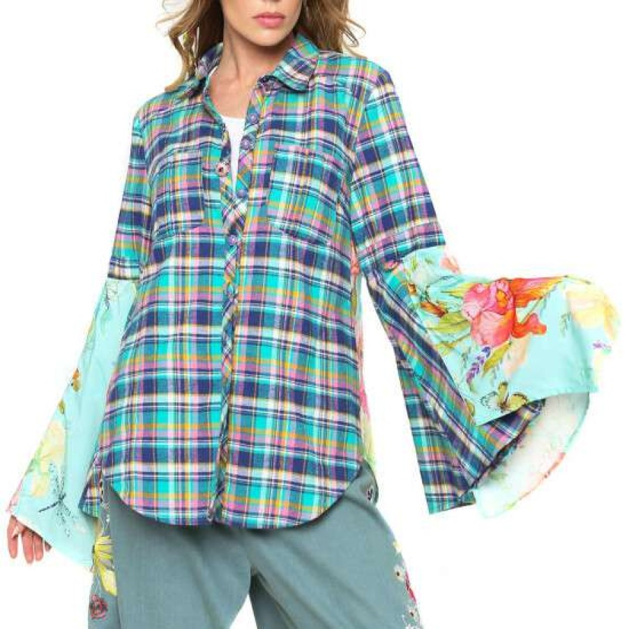 Women'S Clothing * | Best Pirce Aratta Bouquet Plaids Shirt Teal Teal Blue