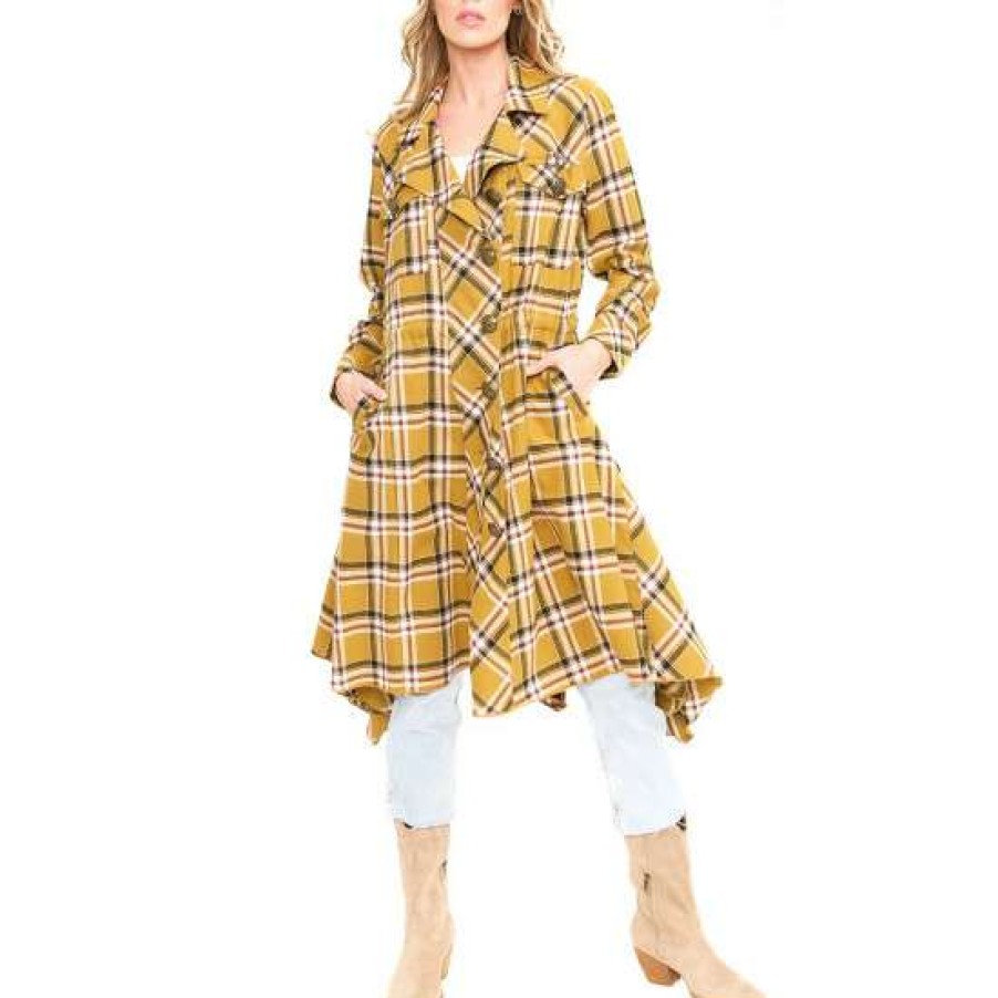 Women'S Clothing * | Top 10 Aratta Mustard Coco Plaid Trench Coat Mstrd Mustard