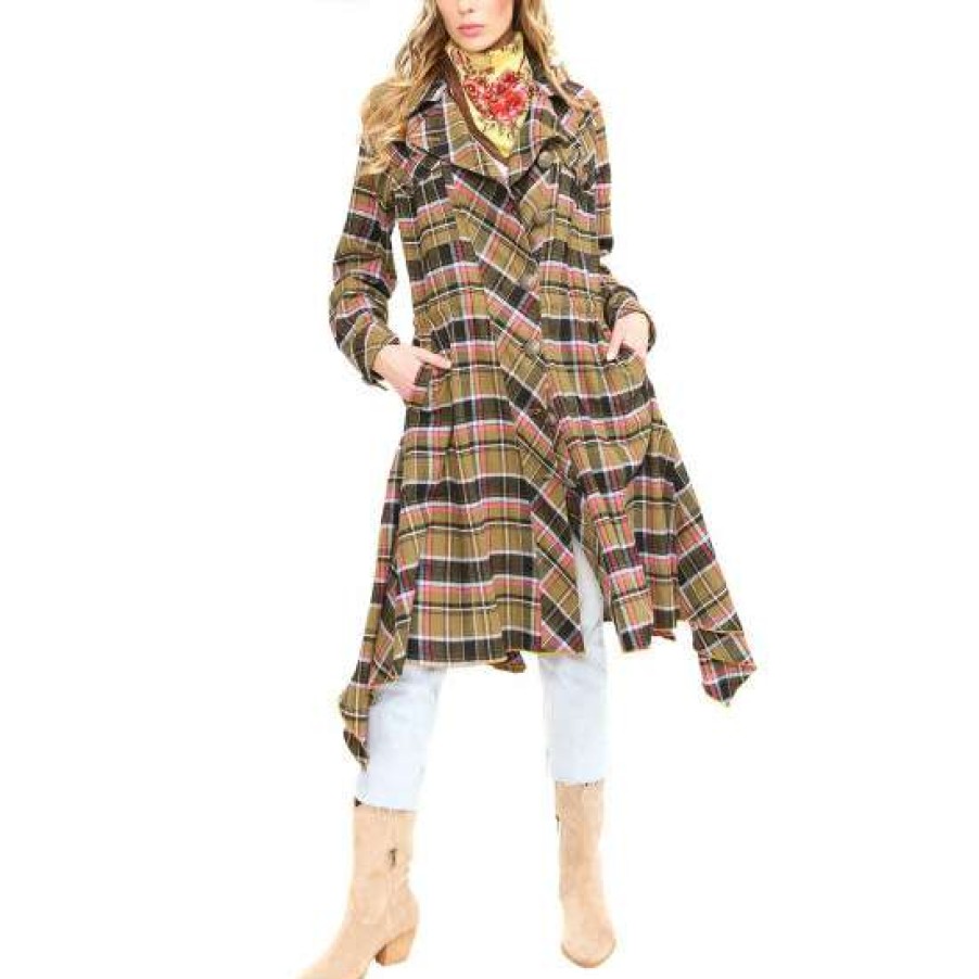 Women'S Clothing * | Buy Aratta Coco Plaid Trench Coat Black Black/Fuchsia