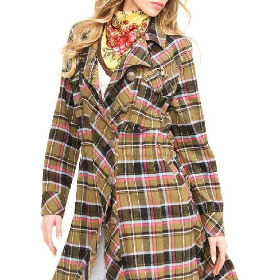 Women'S Clothing * | Buy Aratta Coco Plaid Trench Coat Black Black/Fuchsia